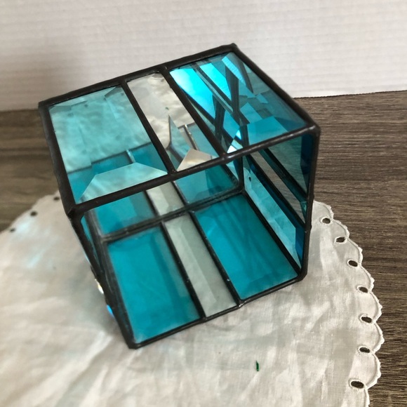 Handmade Teal Stained Glass Square Candle Holder - Picture 5 of 11